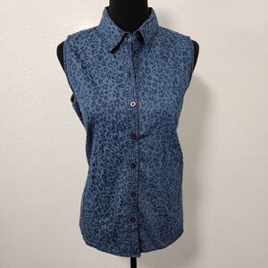 Christine Alexander Denim Blue Leopard Print Sleeveless Button Down Blouse